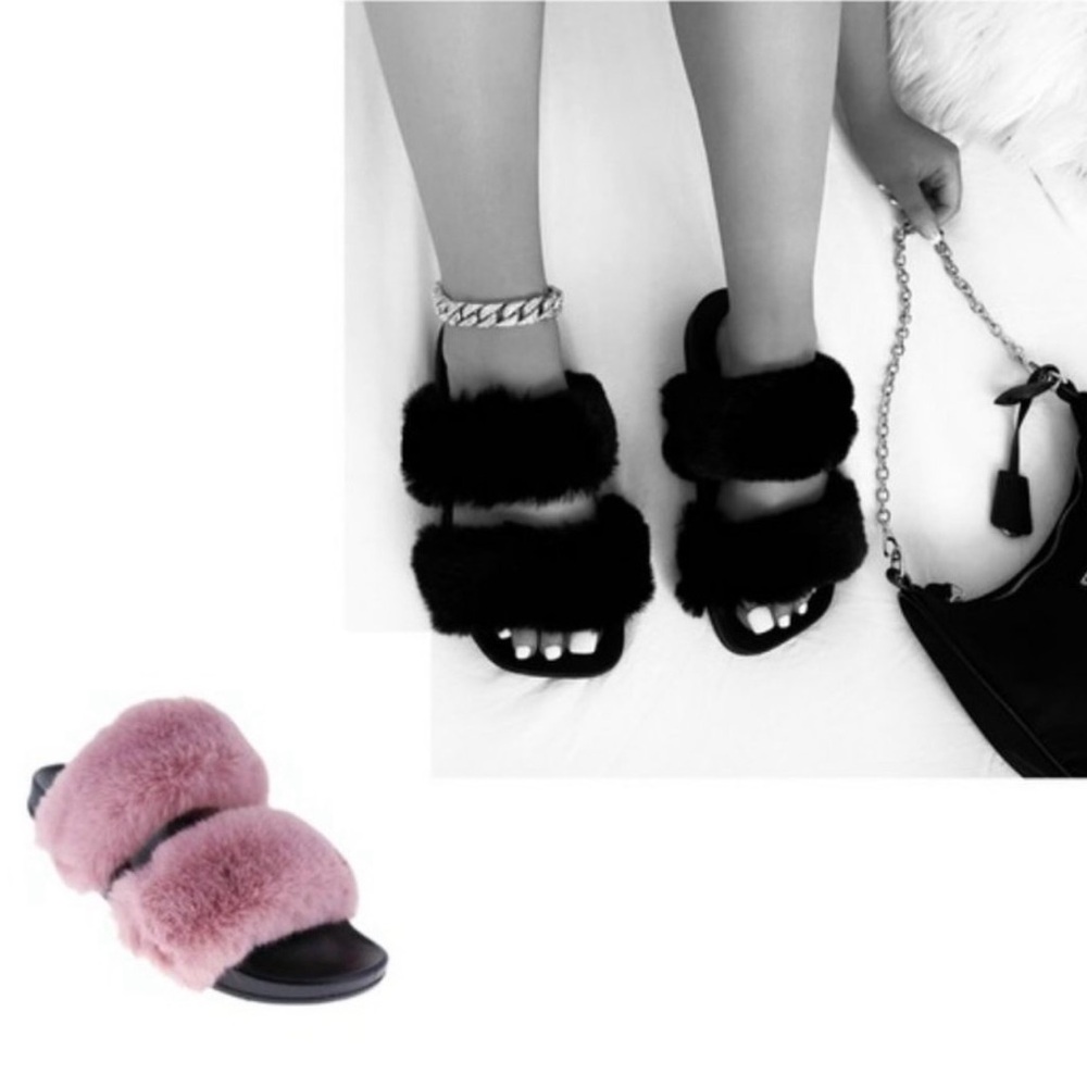 MWOT Plush Double-Band Pink Faux Fur Slide Sandals - Picture 2 of 2